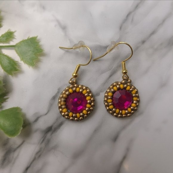 Pink And Orange Bohemian Beaded Mini Earrings - Picture 2 of 12